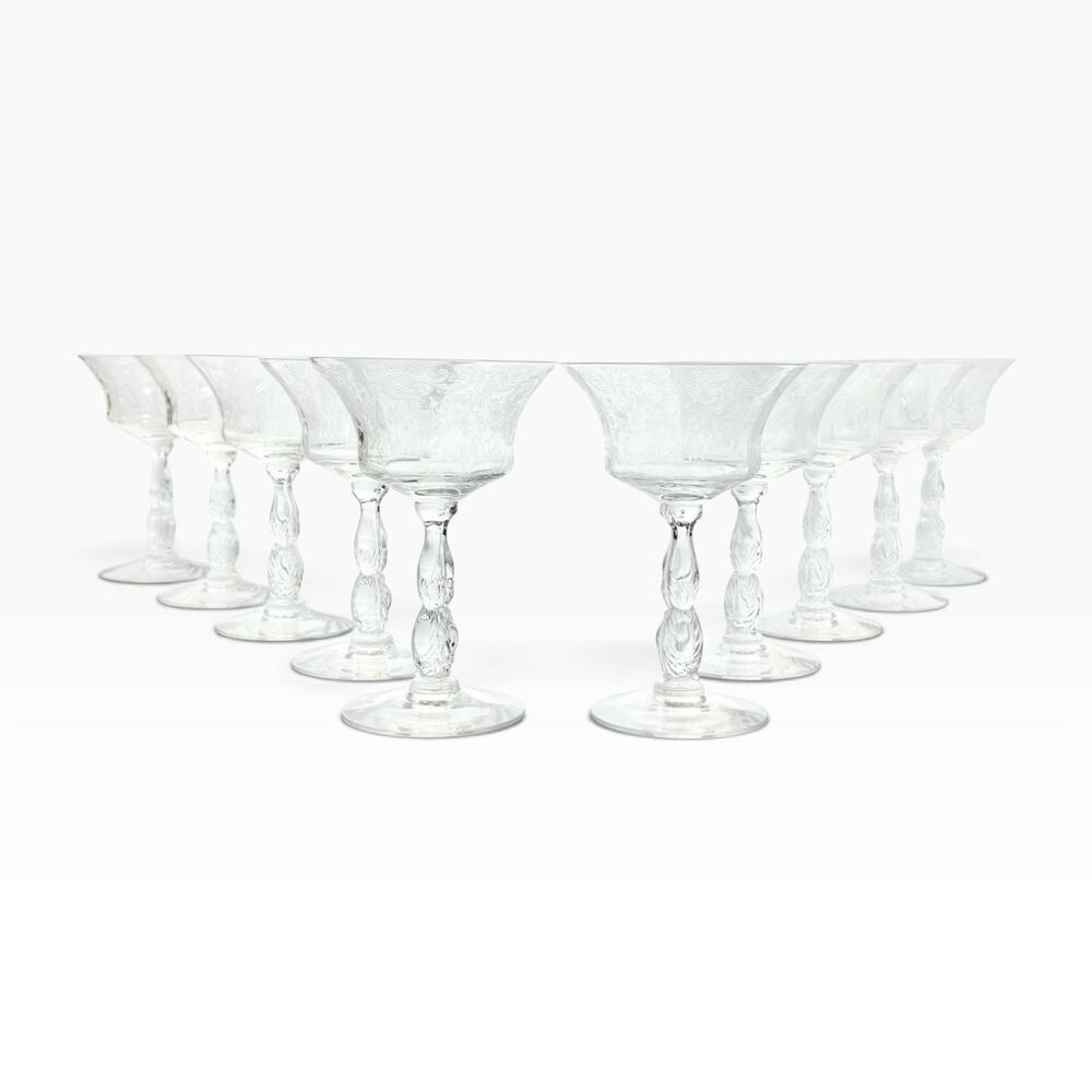 Cambridge “Chantilly” Set of 10 Etched Tall Coupe Champagne Glasses 6” 6oz